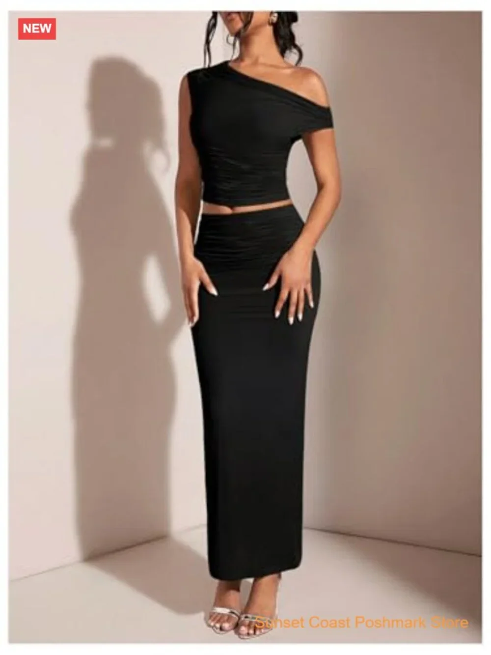 Women's Solid Asymmetrical Neck One Shoulder Bodycon Maxi Skirt Set - Picture 4 of 6